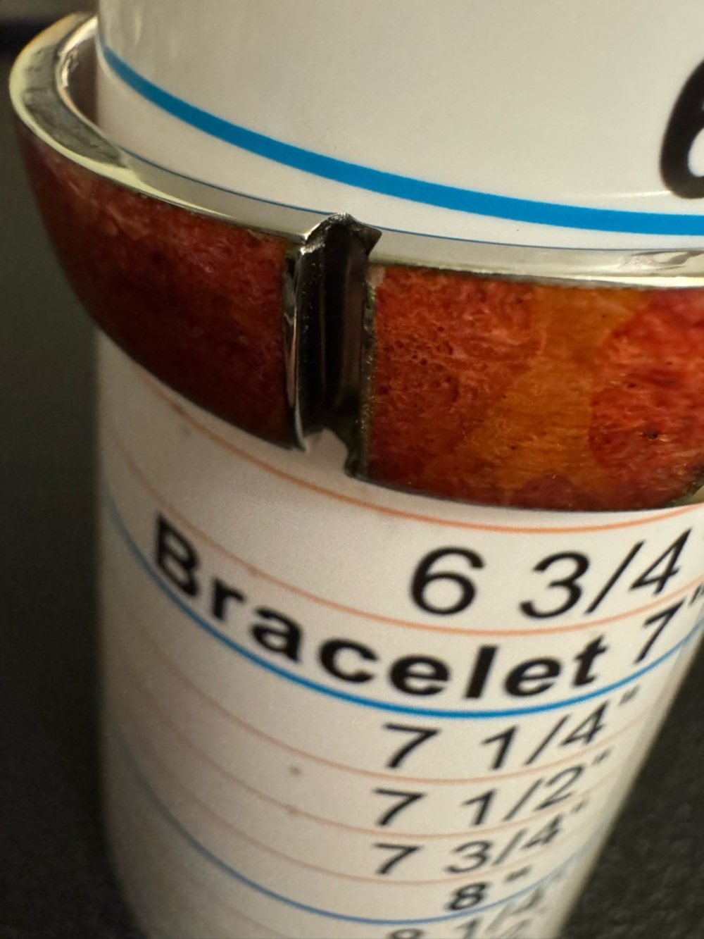 Enamel Inlay Cuff Bracelet with Orange and Mother of Pearl White Panels - Picture 7 of 7